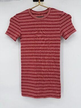 Enza Costa XS Pink Red Striped Rib Knit Fitted Tee Made in USA Short Sleeve